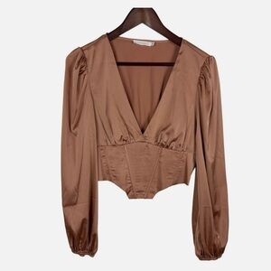 Lush Vero Moda Taupe Satin V-Neck Corset Blouse Tan NW